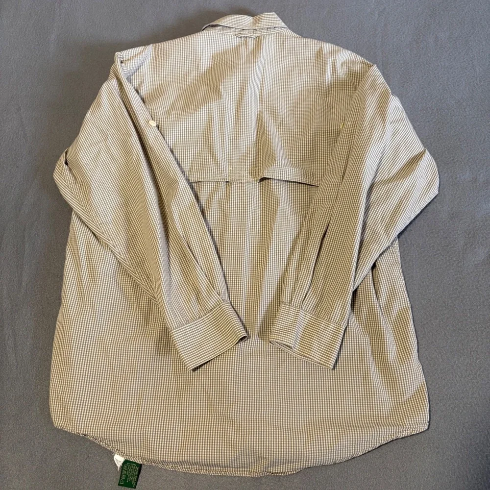 Vintage Orvis Fishing‎ Shirt Mens M Tan Gingham Cotton Utility Made in Hong Kong